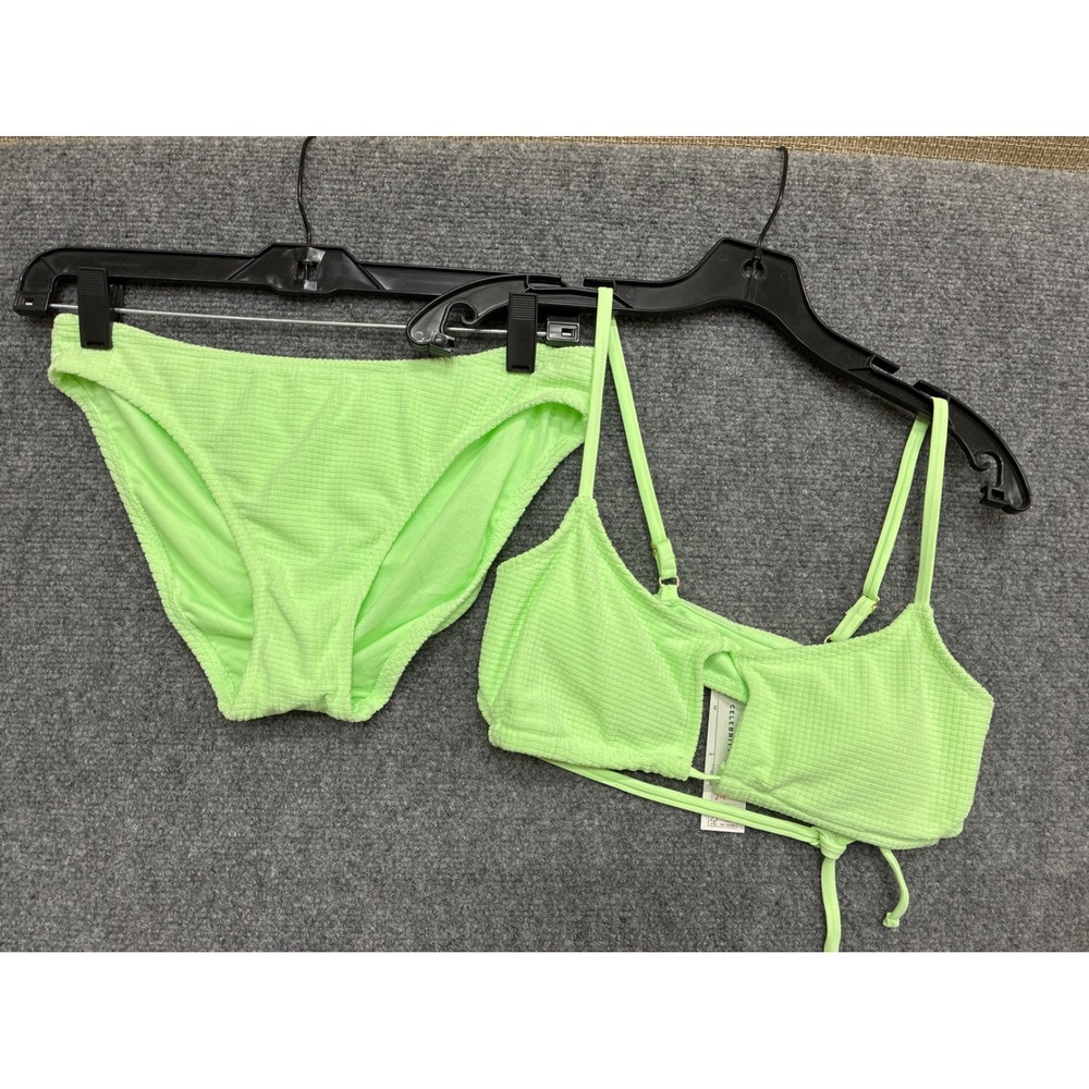 Celebrity Pink Neon Green Textured Bralette Bikini Set Ruched Back Swimsuit Med